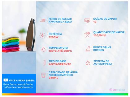 Imagem de Ferro de Passar Roupa a Vapor e a Seco Black+Decker FX1050 Branco e Roxo