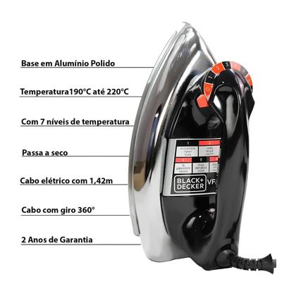 Imagem de Ferro de passar roupa elétrico á seco 1100w 127v metalico vfa1110tm2