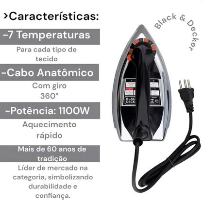 Imagem de Ferro De Passar Roupas A Seco Eletrico Preto Black Decker VFA1110 Leve Com Base Alumínio 1100w 127v