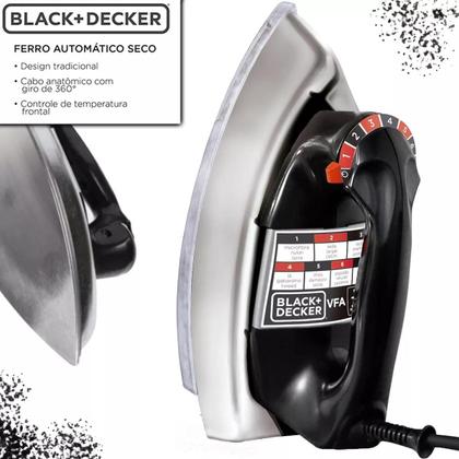 Imagem de Ferro De Passar Roupas A Seco Eletrico Preto Black Decker VFA1110 Leve Com Base Alumínio 1100w 127v