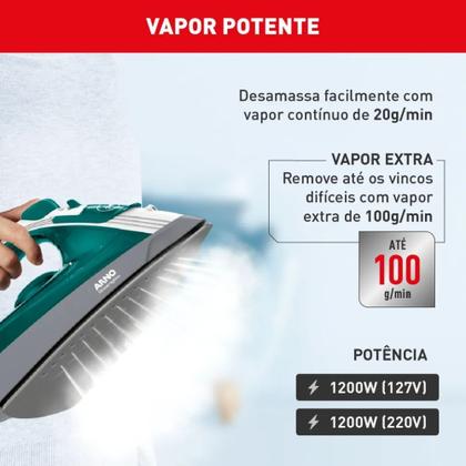 Imagem de Ferro De Passar Roupas a Vapor Elétrico Arno Steamgliss Base Antiaderente, Ponta de Precisão, 5 Temperaturas FSGP