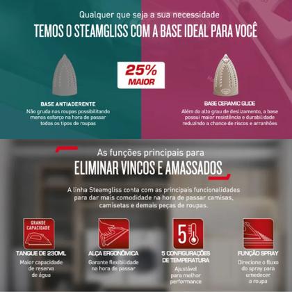 Imagem de Ferro De Passar Roupas a Vapor Elétrico Arno Steamgliss Base Antiaderente, Ponta de Precisão, 5 Temperaturas FSGP
