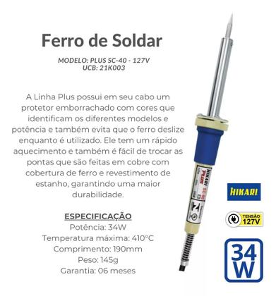 Imagem de Ferro De Soldar Profissional 34w Hikari Plus Sc-40 127v