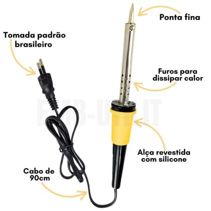 Imagem de Ferro de Soldar Profissional Elétrico com Fio de Solda Estanho E Suporte 60W Potente para Soldagem