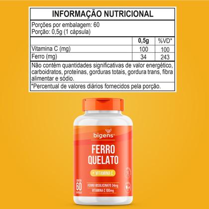 Imagem de Ferro Quelato 34mg Vitamina C 100mg Por Cápsula  60 Cápsulas  Vegano  Bigens