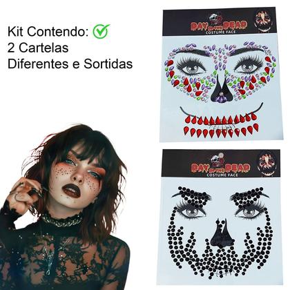 Imagem de Festa Halloween Maquiagem Adesiva para o Rosto Face Jewels - Kit com 2 Cartelas Sortidas