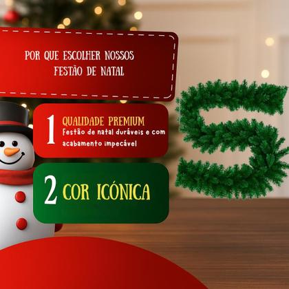 Imagem de Festão de Natal Verde Aramado Luxo 2,7m com 300 Galhos Grosso Flexível para Porta, Janela, Mesa, Escada, Guirlanda e Festao Decoração