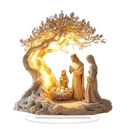 Imagem de Figurinha De Acrílico Da Sagrada Família Com O Cenário Da Natividade E a Árvore Da Vida De Jesus,