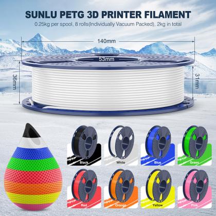 Imagem de Filamento de impressora 3D SUNLU PETG 1,75 mm, pacote com 8 cores, 2 kg