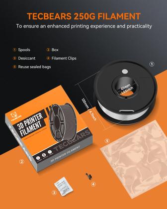 Imagem de Filamento de impressora 3D TECBEARS PETG 1,75 mm transparente 250g x 8