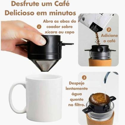 Imagem de Filtro Coador de Café Dose Única Inox Reutilizável para Copo Caneca Xícara Casa Escritorio Viagem