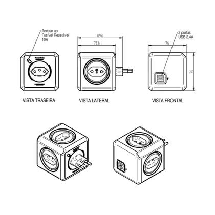Imagem de Filtro de Linha 4 Tomadas Cubo + 2 USB 2.4A Bivolt PowerCube PWC-R4U ELG Adaptador Multiplo