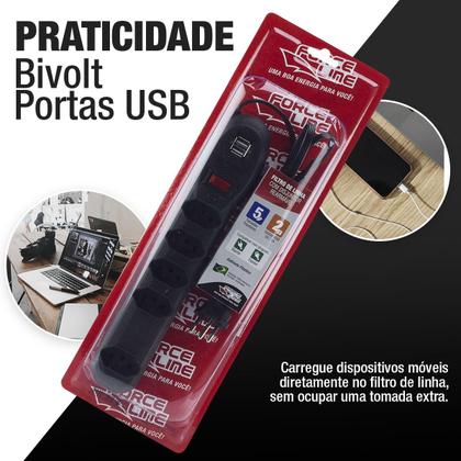 Imagem de Filtro de Linha 5 Tomadas Preto com Saída Usb Force Line