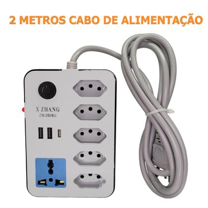 Filtro De Linha 6 Tomadas 2 USB 1 Tipo C 2 Metros Extensão