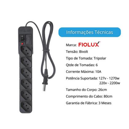 Imagem de Filtro de linha 6 tomadas Extensão elétrica com proteção Fiolux