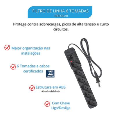 Imagem de Filtro de linha 6 tomadas Extensão elétrica com proteção Fiolux