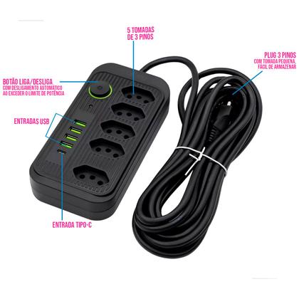 Imagem de Filtro de Linha Bivolt 110v/220v Elétrico Energia Extensão Régua C/ 5 Tomadas Entradas P/ Cabo USB e USB-C - Kapbom