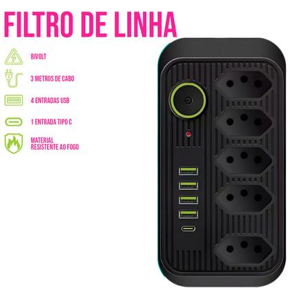 Imagem de Filtro de Linha Bivolt 110v/220v Elétrico Energia Extensão Régua C/ 5 Tomadas Entradas P/ Cabo USB e USB-C - Kapbom