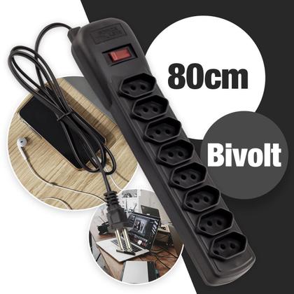 Imagem de Filtro de Linha Bivolt com Disjuntor Rearmável 8 Tomadas Tripolares 10A Preto Cabo PP 3x0,75mm 80cm - Force Line