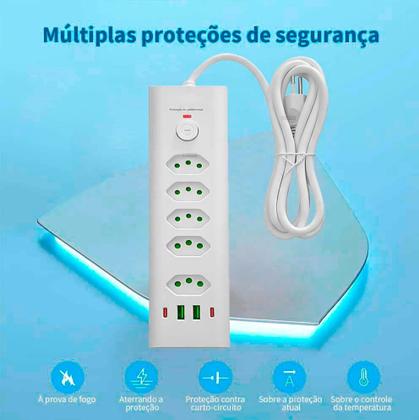 Imagem de Filtro de Linha Com 5 Tomadas 10A 20A + DPS, Extensão Elétrica Bivolt Tripolar, Regua Com 4 USB, USB Tipo C Cabo 2M
