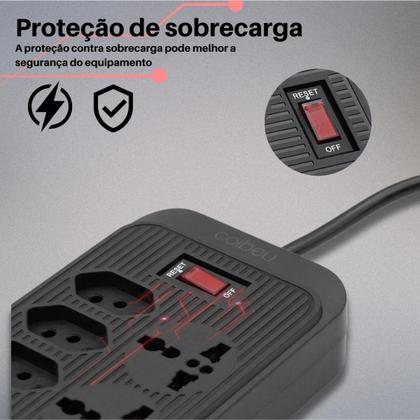 Imagem de Filtro de Linha Com 7 Tomadas 2 USB 1 Tipo-C Cabo 1,90M 110/220V