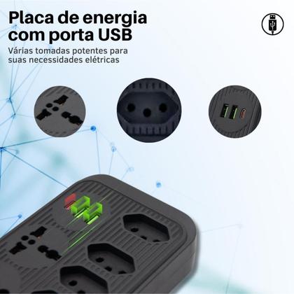 Imagem de Filtro de Linha Com 7 Tomadas 2 USB 1 Tipo-C Cabo 1,90M 110/220V