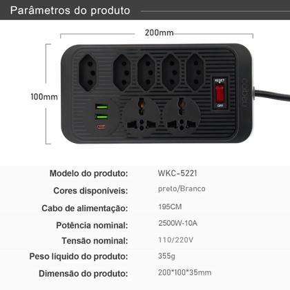 Imagem de Filtro de Linha Com 7 Tomadas 2 USB 1 Tipo-C Cabo 1,90M 110/220V
