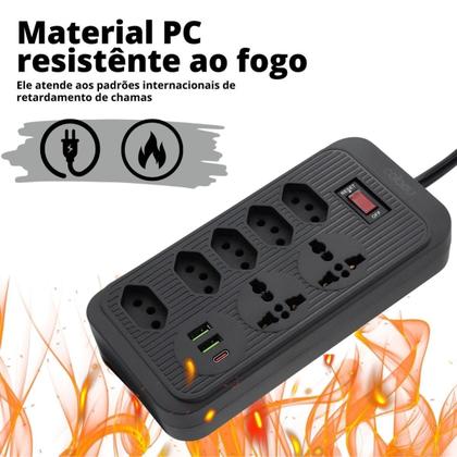 Imagem de Filtro de Linha Com 7 Tomadas 2 USB 1 Tipo-C Cabo 1,90M 110/220V