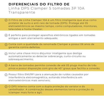 Imagem de Filtro de linha com Protetor Contra Surtos (DPS) 10A 127/220V 3 Pinos - Clamper