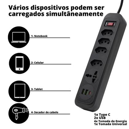 Imagem de Filtro de Linha, Extensão Tomada, Régua  4 tomadas comuns, 2 portas USB Type-C, 1 micro USB e 1 Tomada Universal