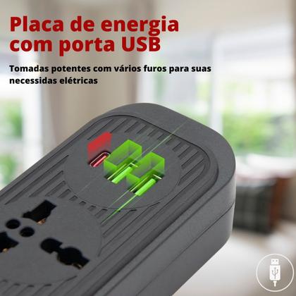 Imagem de Filtro de Linha, Extensão Tomada, Régua  4 tomadas comuns, 2 portas USB Type-C, 1 micro USB e 1 Tomada Universal