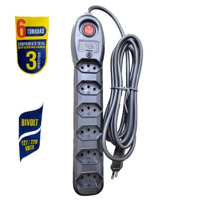 Imagem de Filtro de Linha Megatron 6 Tomadas Cabo de 3 mts Chave Lig./Des. e Fusível de Proteção 10 A Bivolt