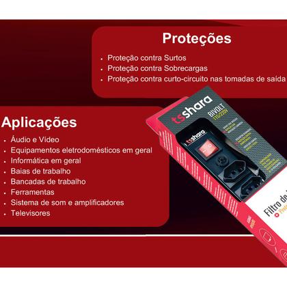 Imagem de Filtro de Linha + Protetor Eletrônico 20A 8 Tomadas Bivolt Metálico com Disjuntor Rearmável Cabo 1,5 metro TS Shara 562