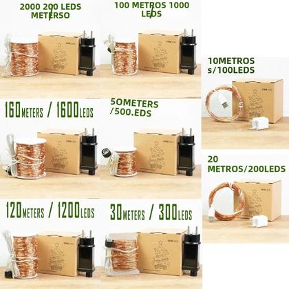 Fio de Cobre Impermeável para Exteriores - Luzes de Fada com 200m e 2000 LEDs - Adaptador Plug-in Imagem de Fio de Cobre Impermeável para Exteriores - Luzes de Fada com 200m e 2000 LEDs - Adaptador Plug-in
