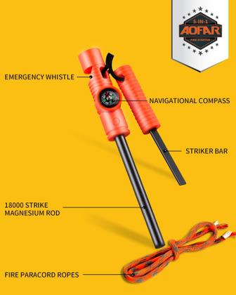 Imagem de Fire Starter AOFAR AF-381 Fire Steel 5 em 1 com bússola (pacote com 2)