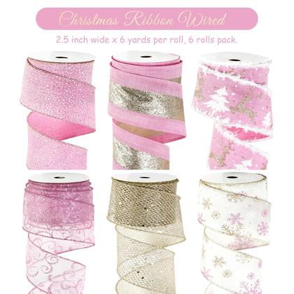 Imagem de Fita com fio de Natal MAYREEL de 2,5 polegadas rosa e dourada 36 jardas