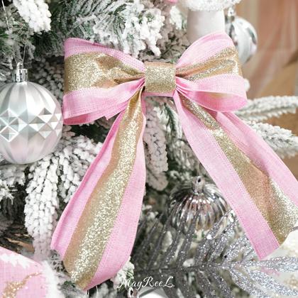 Imagem de Fita com fio de Natal MAYREEL de 2,5 polegadas rosa e dourada 36 jardas