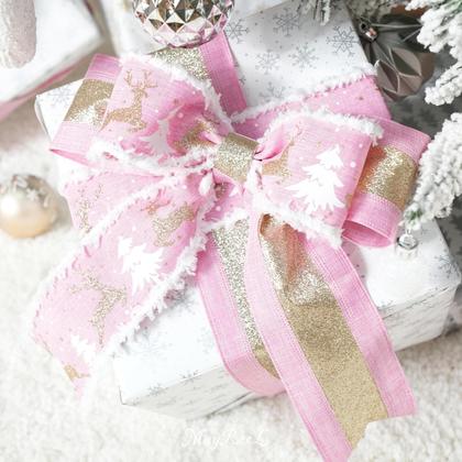 Imagem de Fita com fio de Natal MAYREEL de 2,5 polegadas rosa e dourada 36 jardas