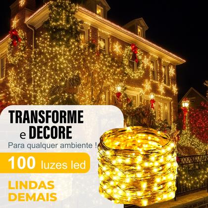 Imagem de Fita De Led Fio De Luz Cascata Decoração De Natal 10 Metros Com Carregador Solar Premium