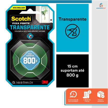 Imagem de Fita Dupla Face Transparente 3M Scotch Fixa Forte 12mm x 2m Uso Interno Alta Fixação