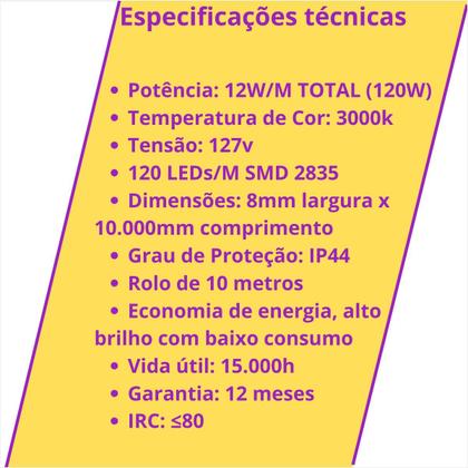 Imagem de Fita LED 120 LED por m 3000K 10 m IP44 127 V direto na rede com superfície adesiva dupla face luz quente