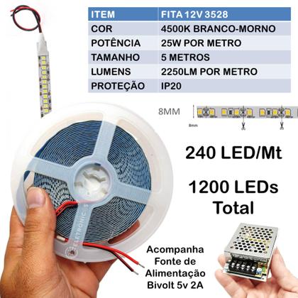 Imagem de Fita Led 4500K Branco Morno 5M 3528 Ip20 240leds/m Adesivada P/ Corredores, Janelas, Arcos FN875W