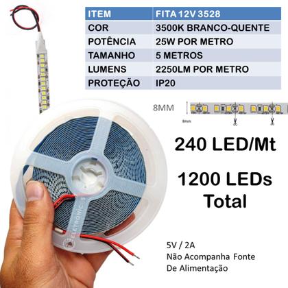 Imagem de Fita Led Branco Quente 3500K 5M 3528 Ip20 240leds/m Adesivada Para Corredores Janelas Arcos FN875A