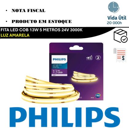 Imagem de Fita Led Philips COB 5 Metros 13w 24v Luz Quente 3000k 1050lm/m