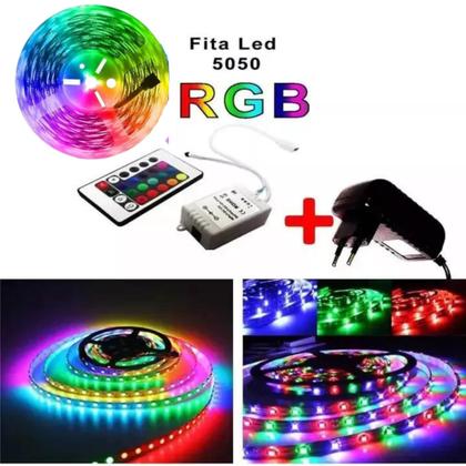 Imagem de Fita Led Super Colorida  Brilho Forte Controle E Fonte 12v Bivolt 5m Iluminação Decorativa Tb5017