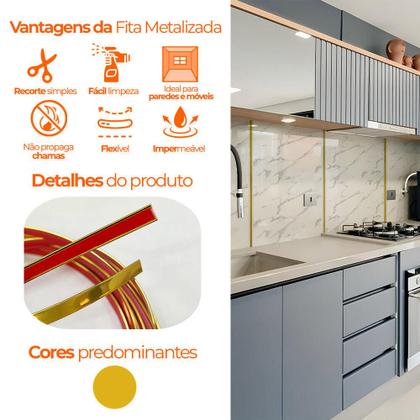 Imagem de Fita Metalizada Auto Colante PVC 6,5mm p Decoração de Móveis e Paredes Dourado 5M