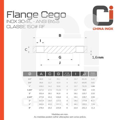 Imagem de Flange cego inox 304/l ansi b16.5 classe 150 rf 3''