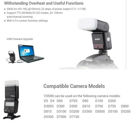 Imagem de Flash TTL GODOX V350N para Nikon 1/8000s GN36 HSS 0,1s-1,7s Tempo de reciclagem com bateria de 2000mAh 500 vezes Flash de potência total para Nikon D500 D3100 D3200 D3300 D3400 D5300 D5300 D5600 D7100 D7200 D7500 (V350-N)