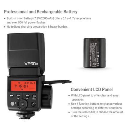 Imagem de Flash TTL GODOX V350N para Nikon 1/8000s GN36 HSS 0,1s-1,7s Tempo de reciclagem com bateria de 2000mAh 500 vezes Flash de potência total para Nikon D500 D3100 D3200 D3300 D3400 D5300 D5300 D5600 D7100 D7200 D7500 (V350-N)