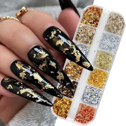 Imagem de Flocos De Alumínio Com Glitter Dourado Em 12 Cores Para Decoração De Unhas, Chips De Paillette Para
